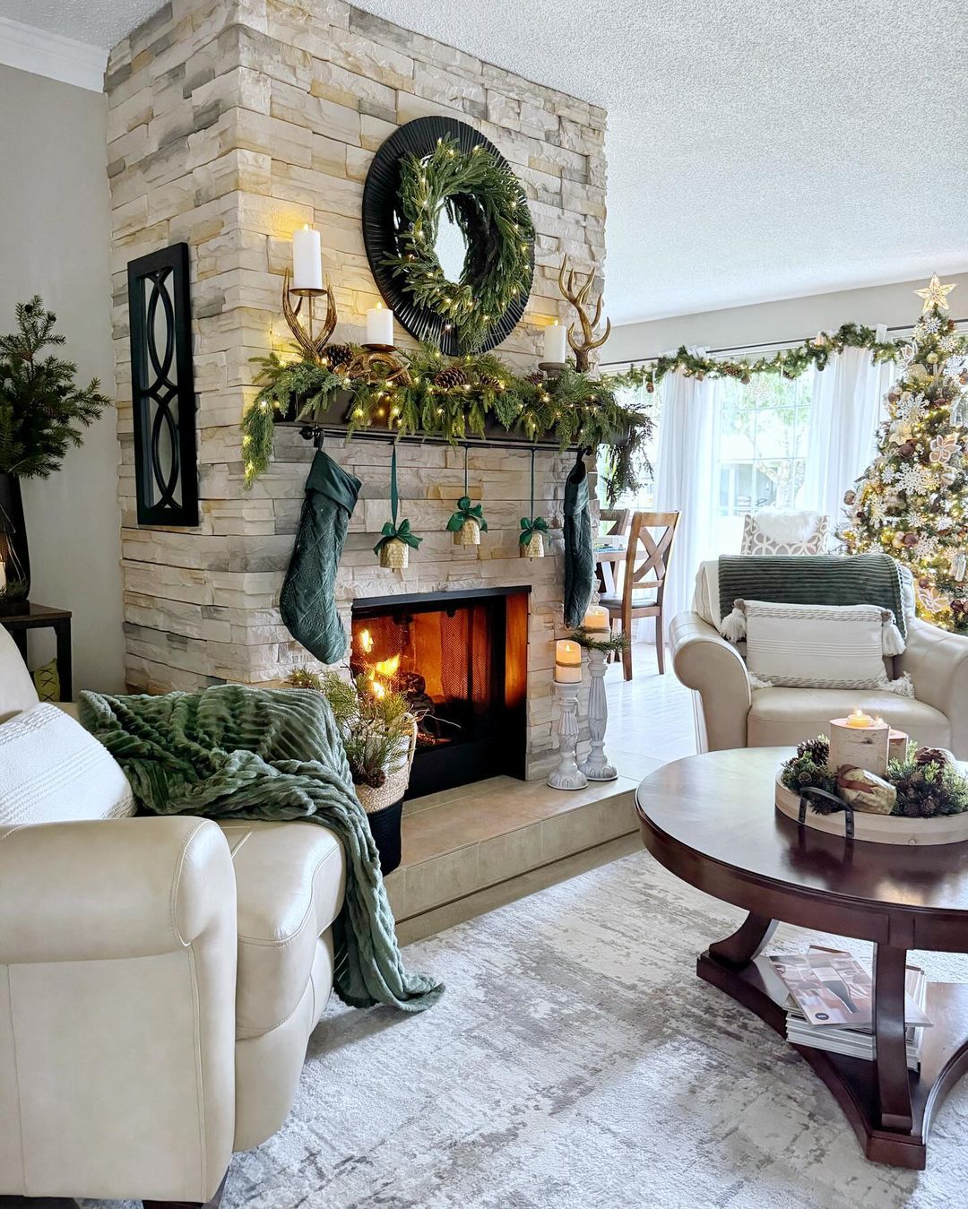 Cozy Stone Fireplace Mantel with Greenery and Rustic Charm