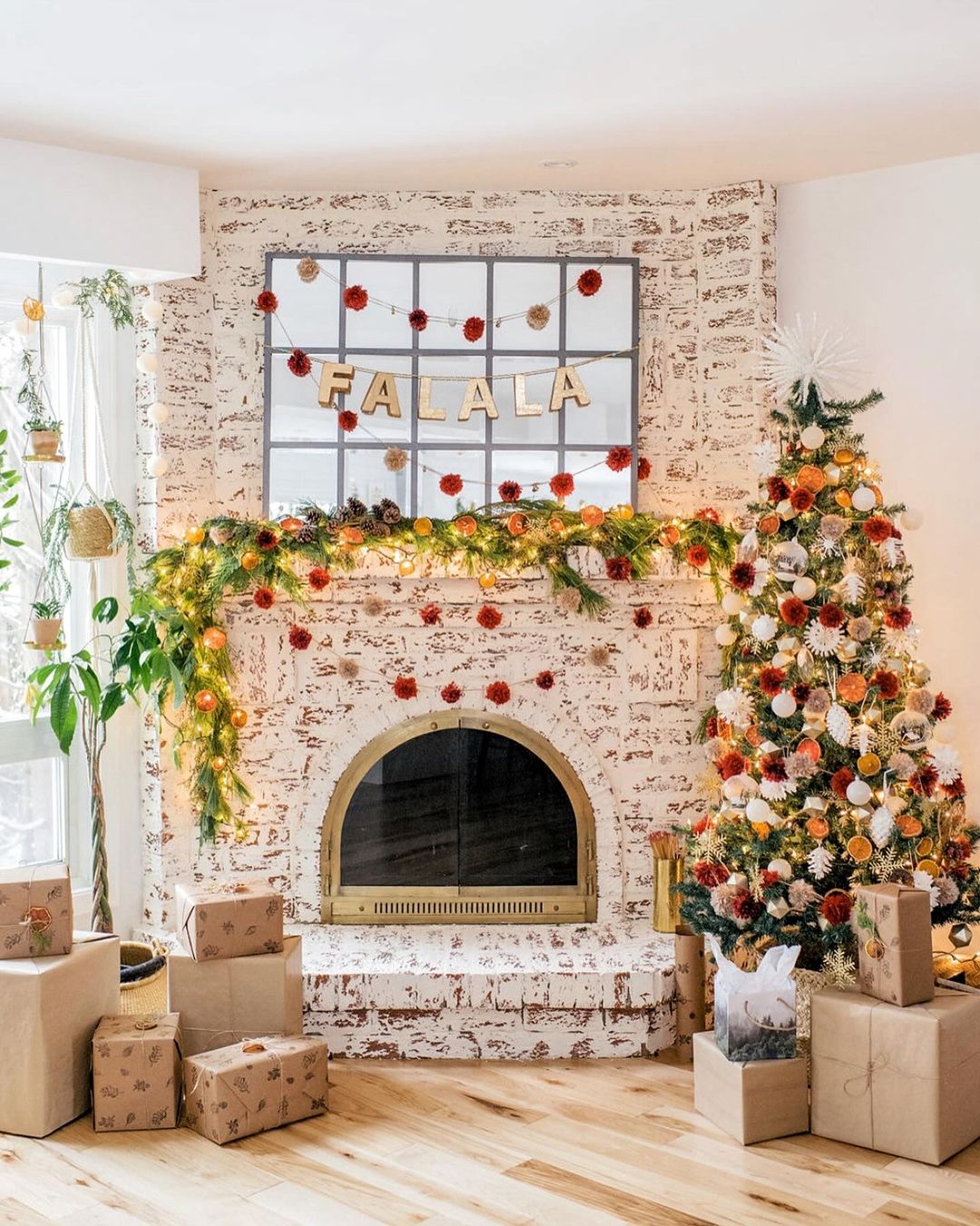 Playful and Rustic Christmas Mantel with Pom-Pom Accents