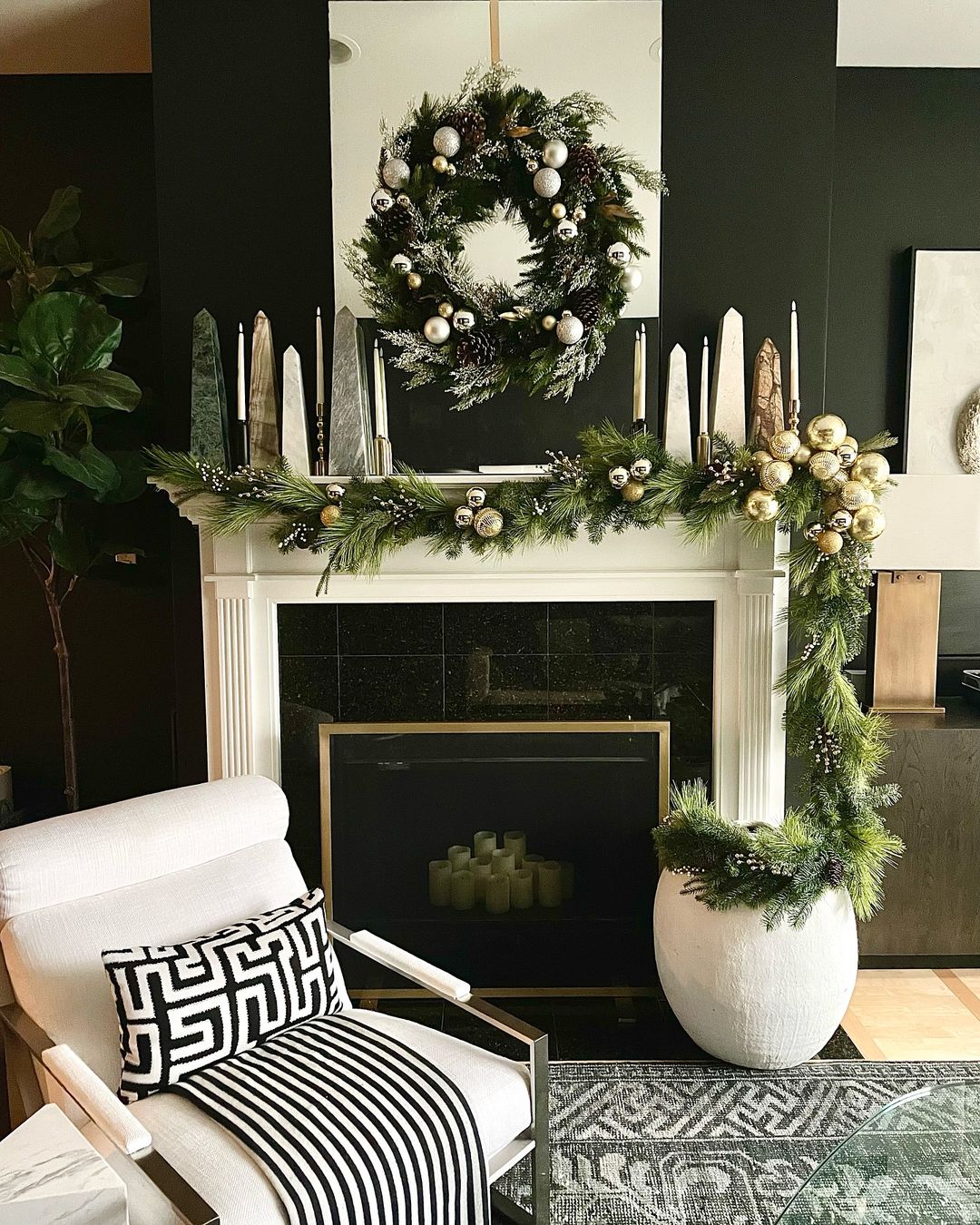 Modern Christmas Mantel with Greenery and Metallic Accents