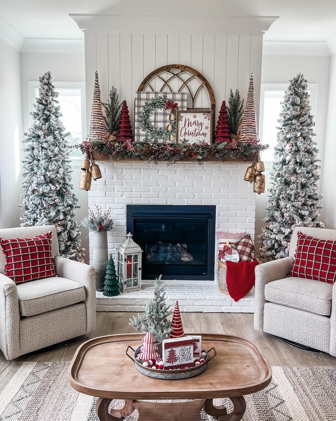 Festive Christmas Mantel with Red Accents and Flocked Trees