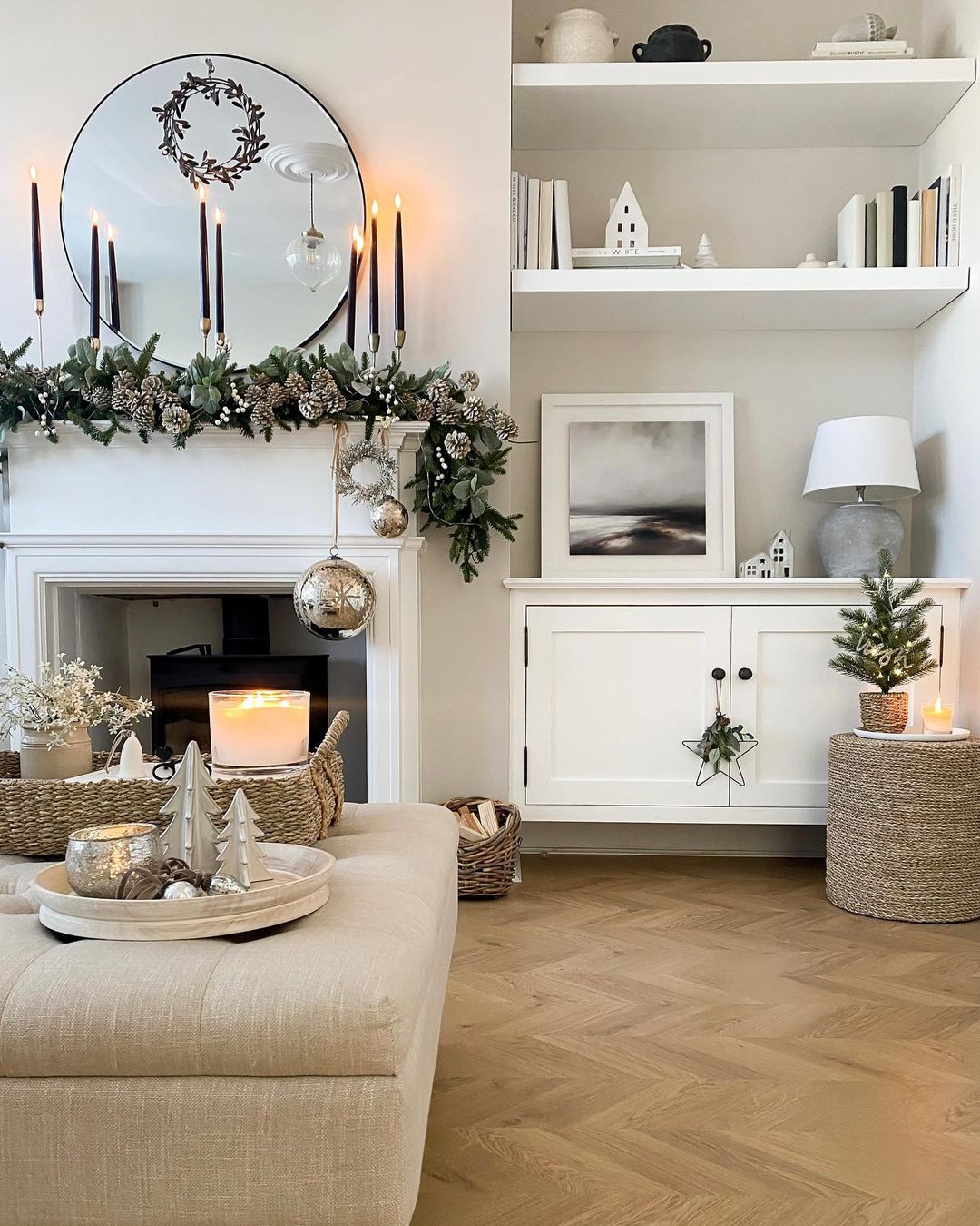 Minimalist Christmas Mantel with Black Candles and Natural Elements