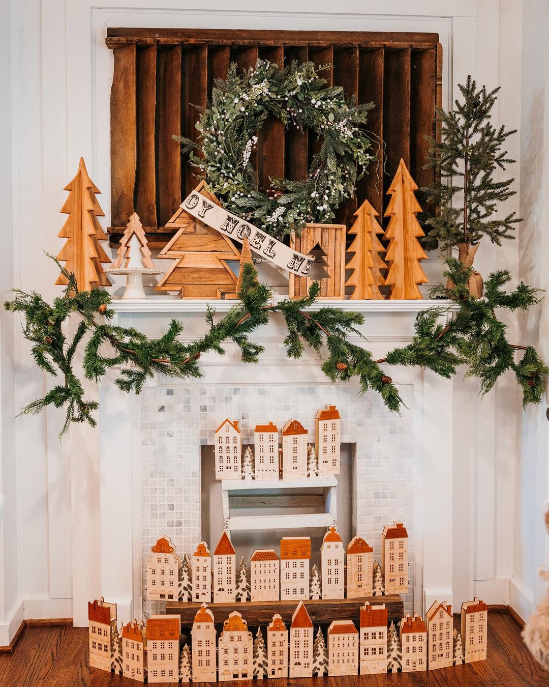 Rustic Woodland Christmas Mantel with Wooden Accents