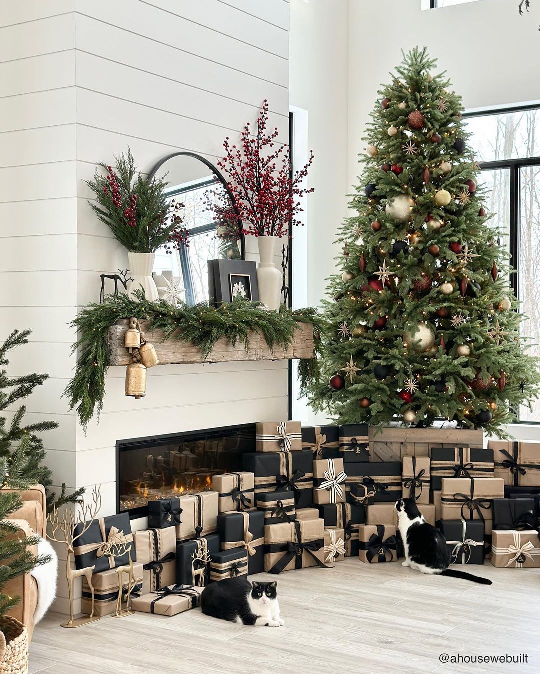 Modern Rustic Christmas Mantel with Neutral Tones and Red Accents