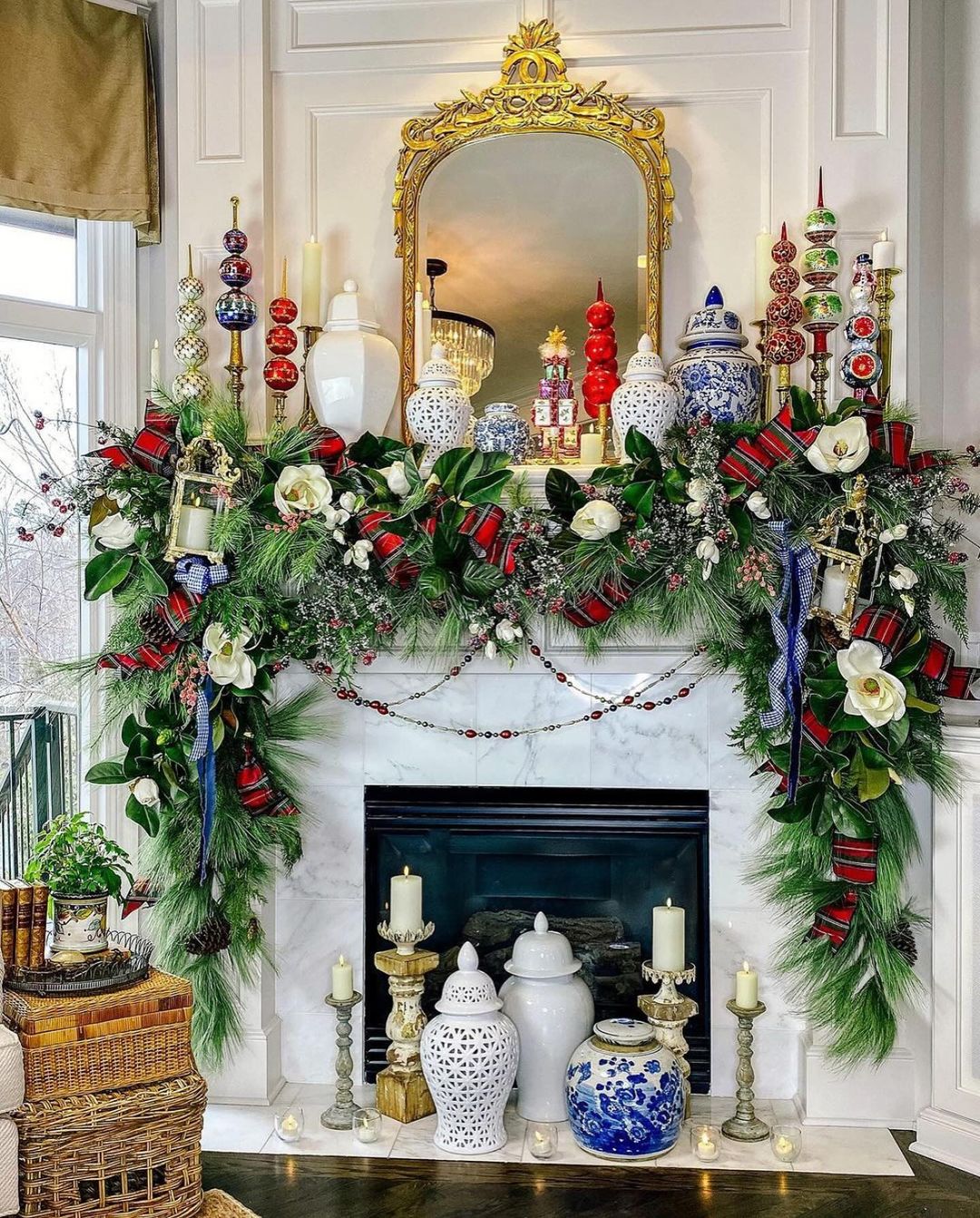 Luxurious Red and Green Christmas Mantel with Classic Accents