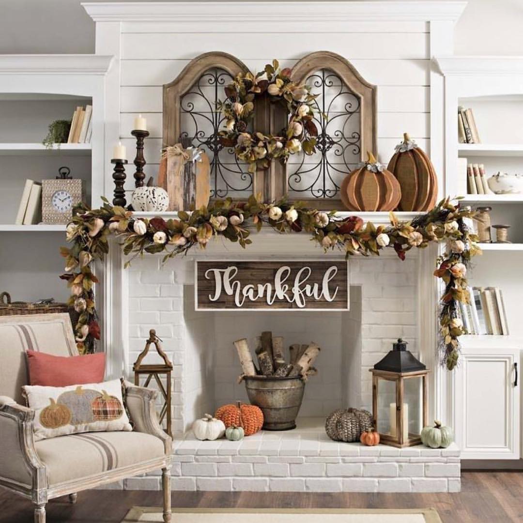 Warm and Inviting Fall Mantel with Thankful Theme