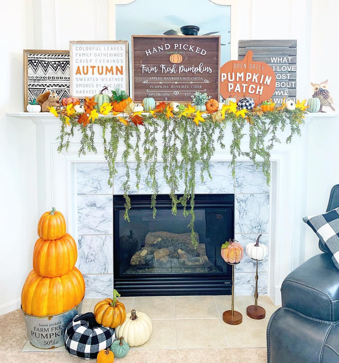 Layered Signage and Pumpkin Accents for a Cozy Fall Mantel