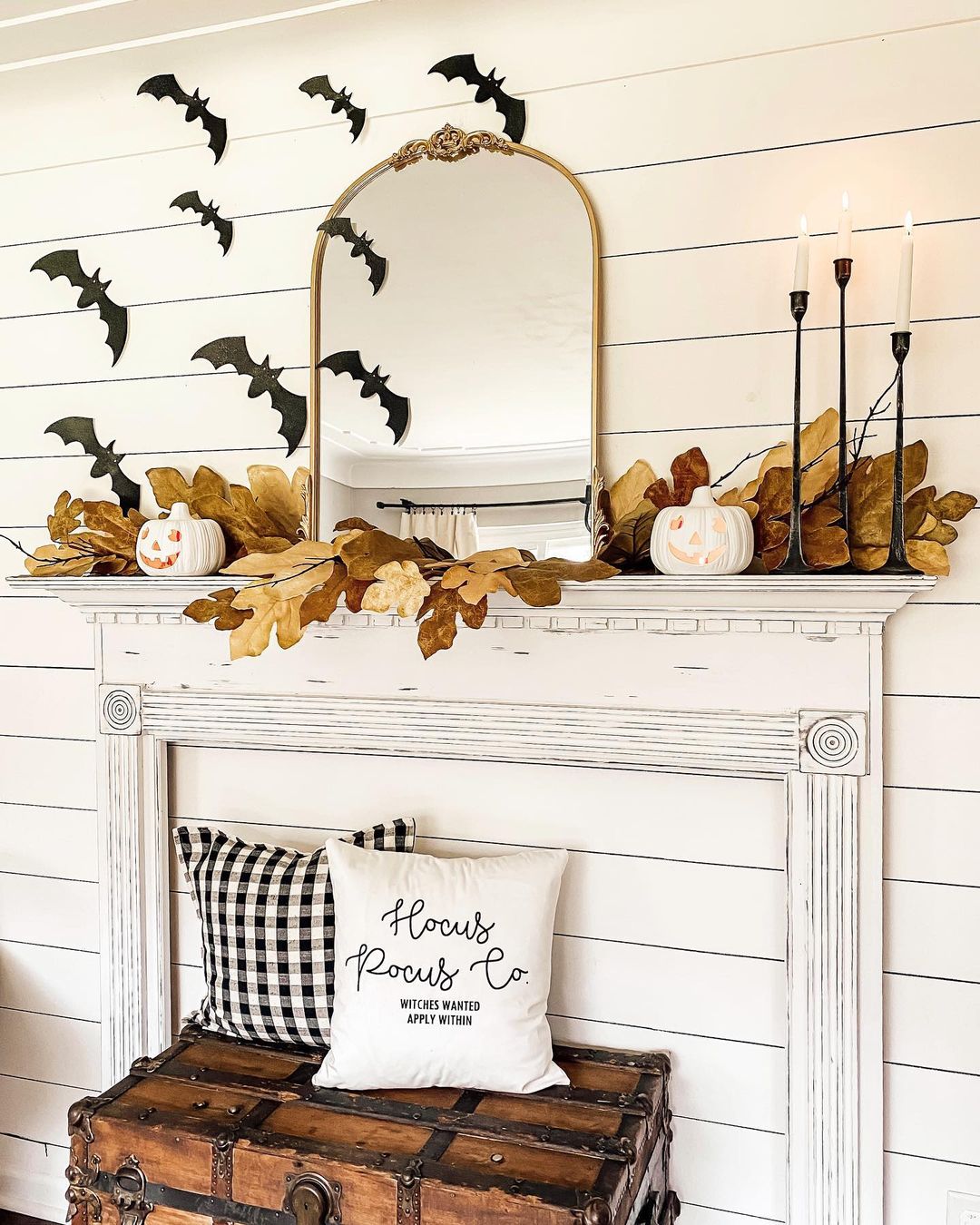 Halloween Mantel with Whimsical Bats and Vintage Charm