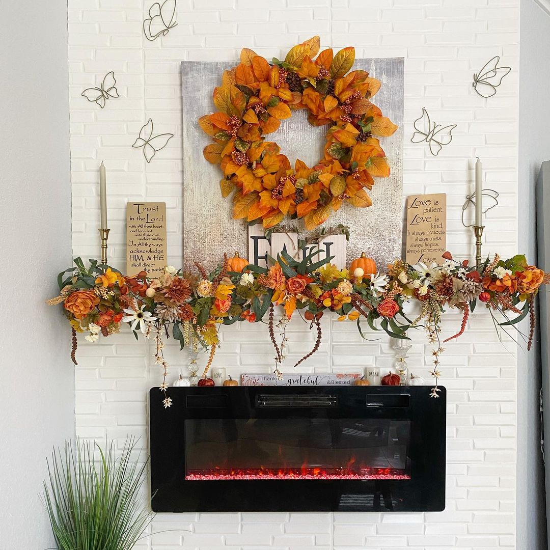 Elegant Fall Mantel with Vibrant Florals and Wreath