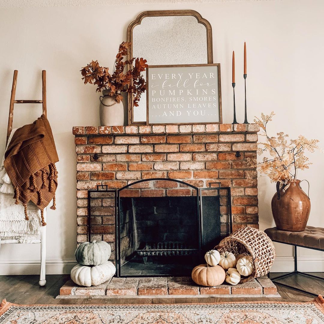 Rustic Brick Fireplace with Minimalist Fall Decor