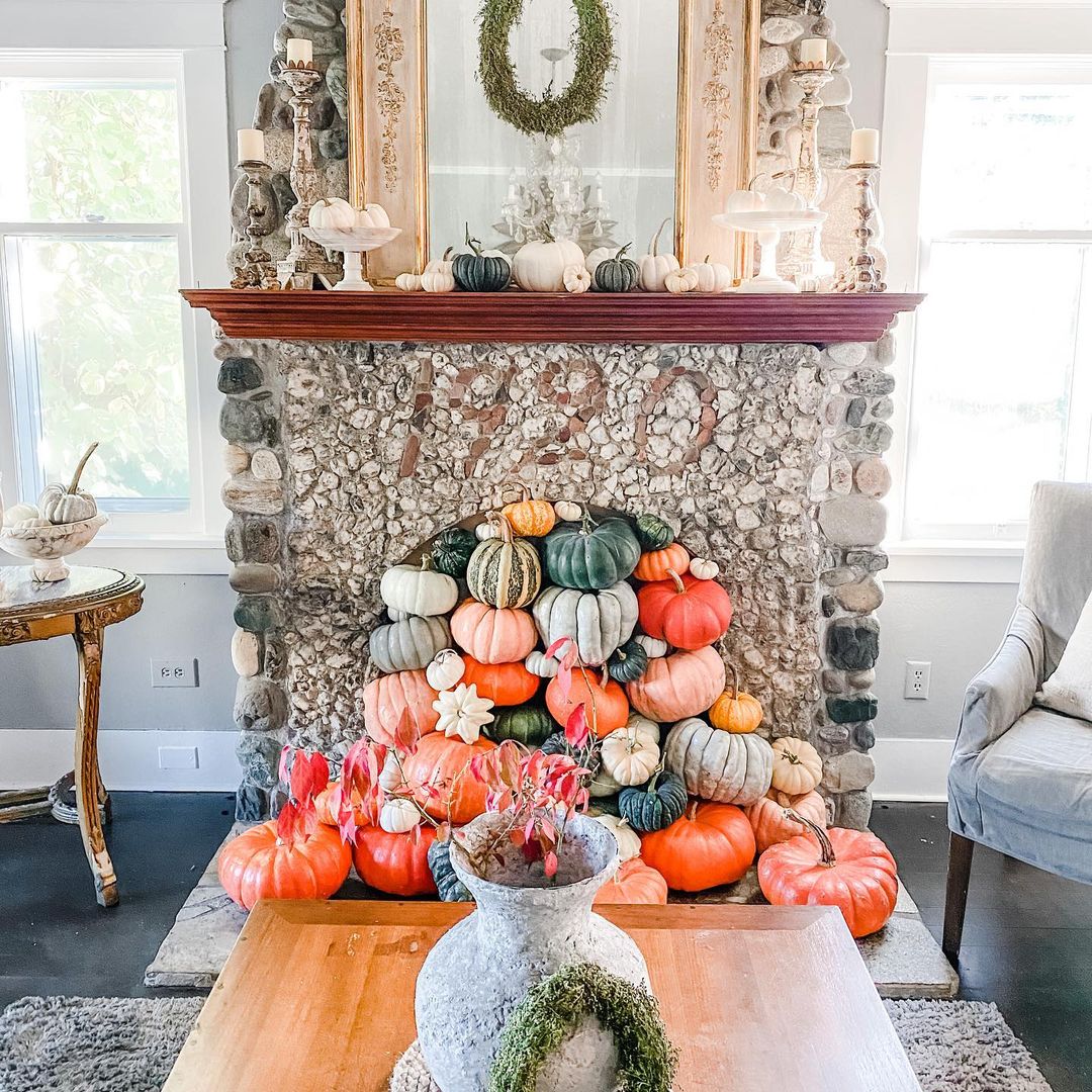 Abundant Pumpkin Display for a Dramatic Fall Fireplace