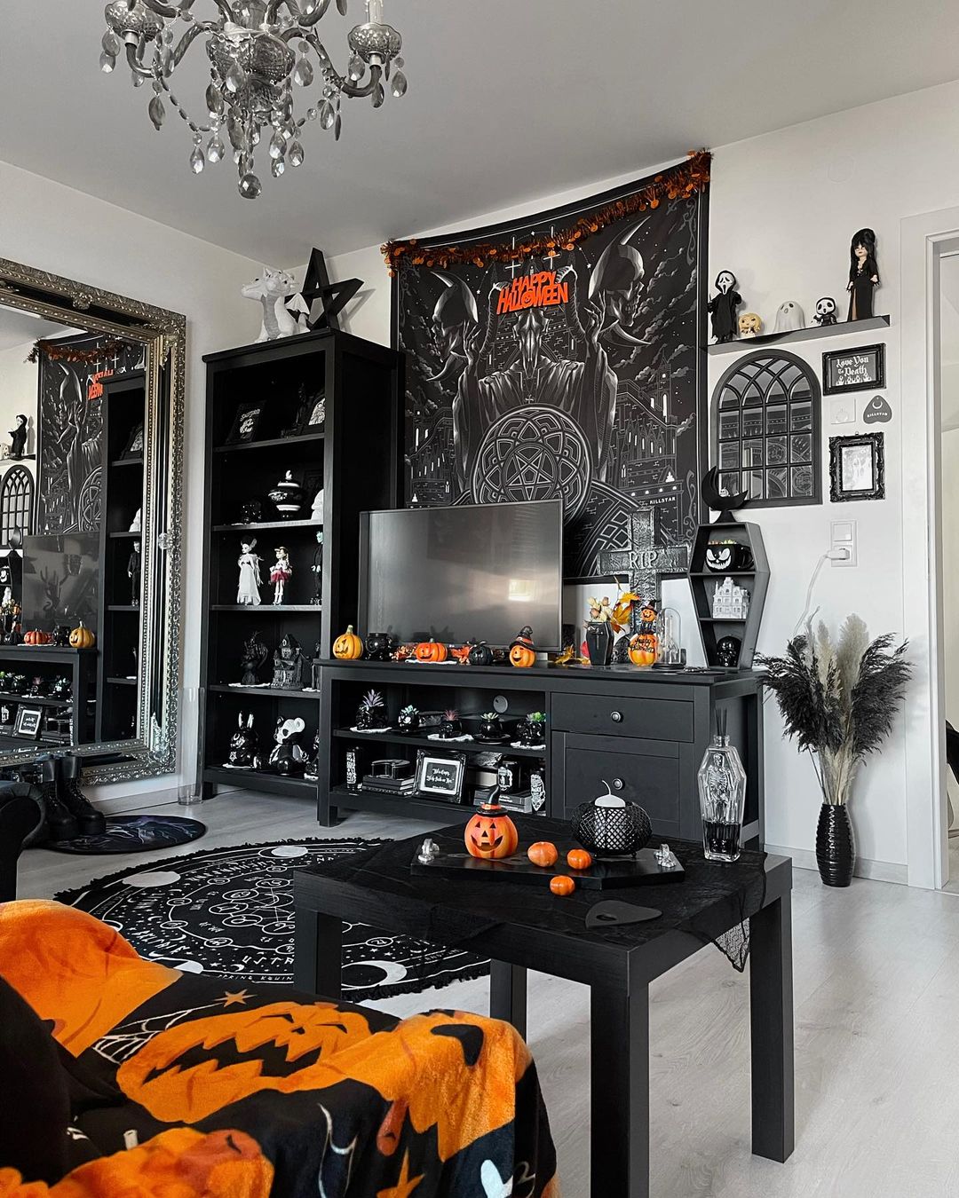 ntegrate Halloween Decor into a Gothic Living Room for a Striking Contrast