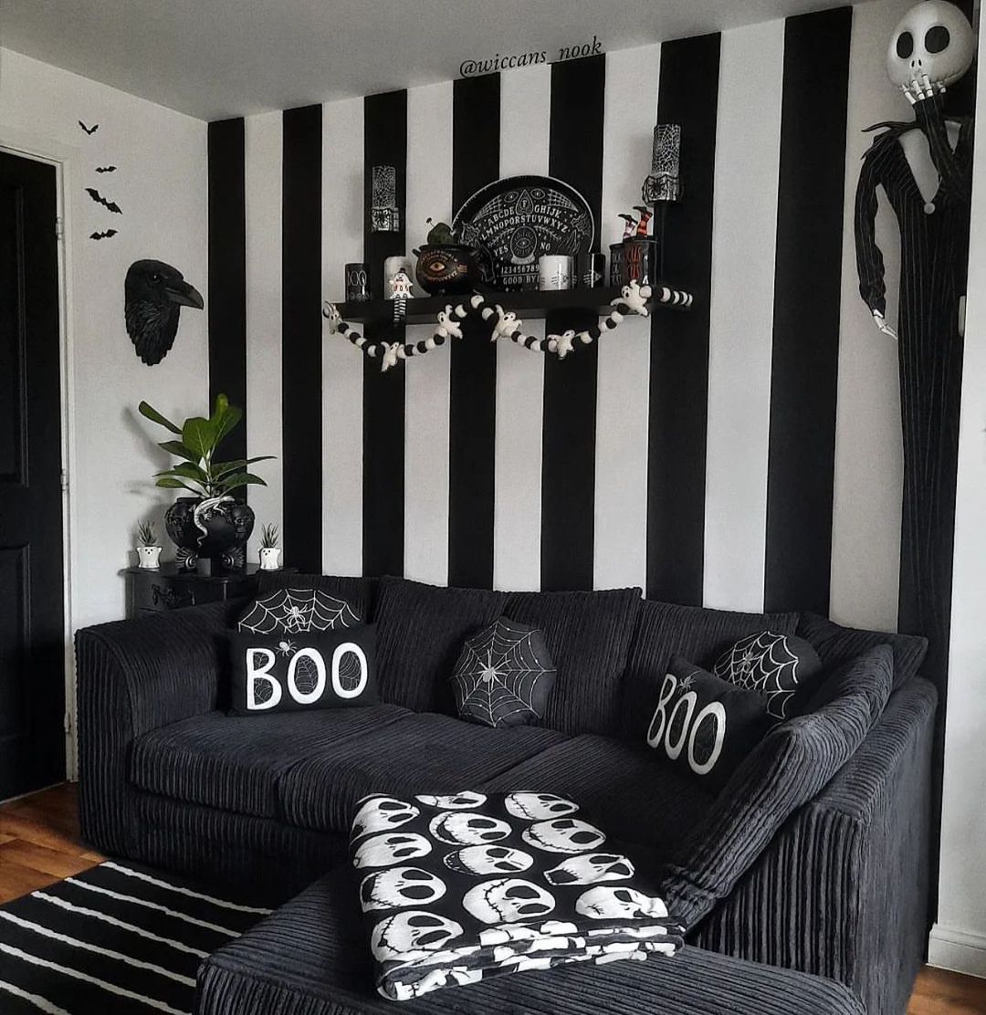 Design a Gothic Halloween Living Room with Bold Stripes and Dark Accents