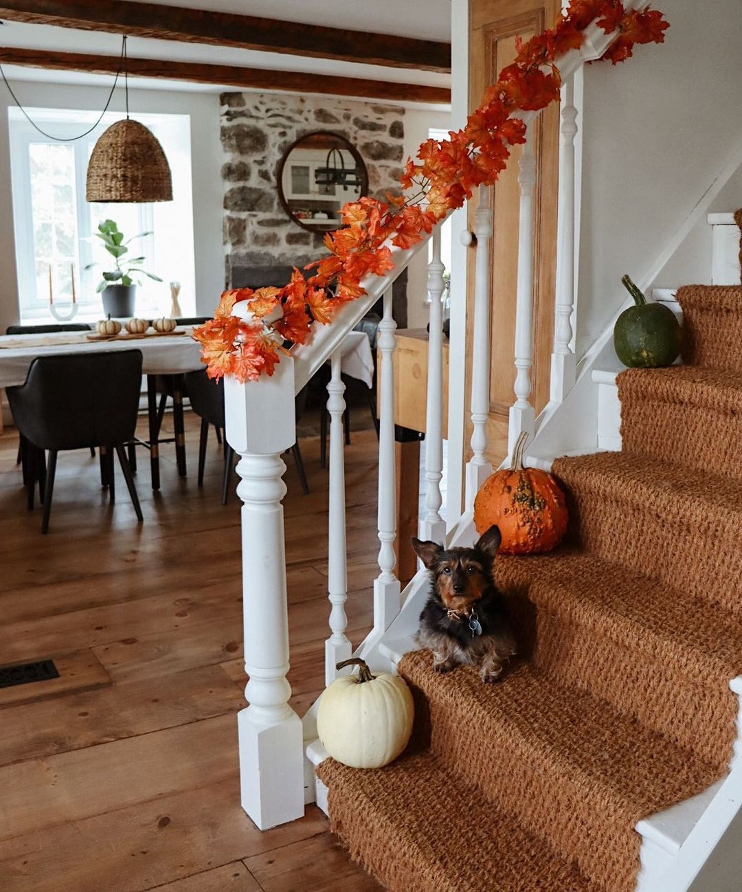 Cozy Halloween Staircase with Pumpkins and Autumn Garland