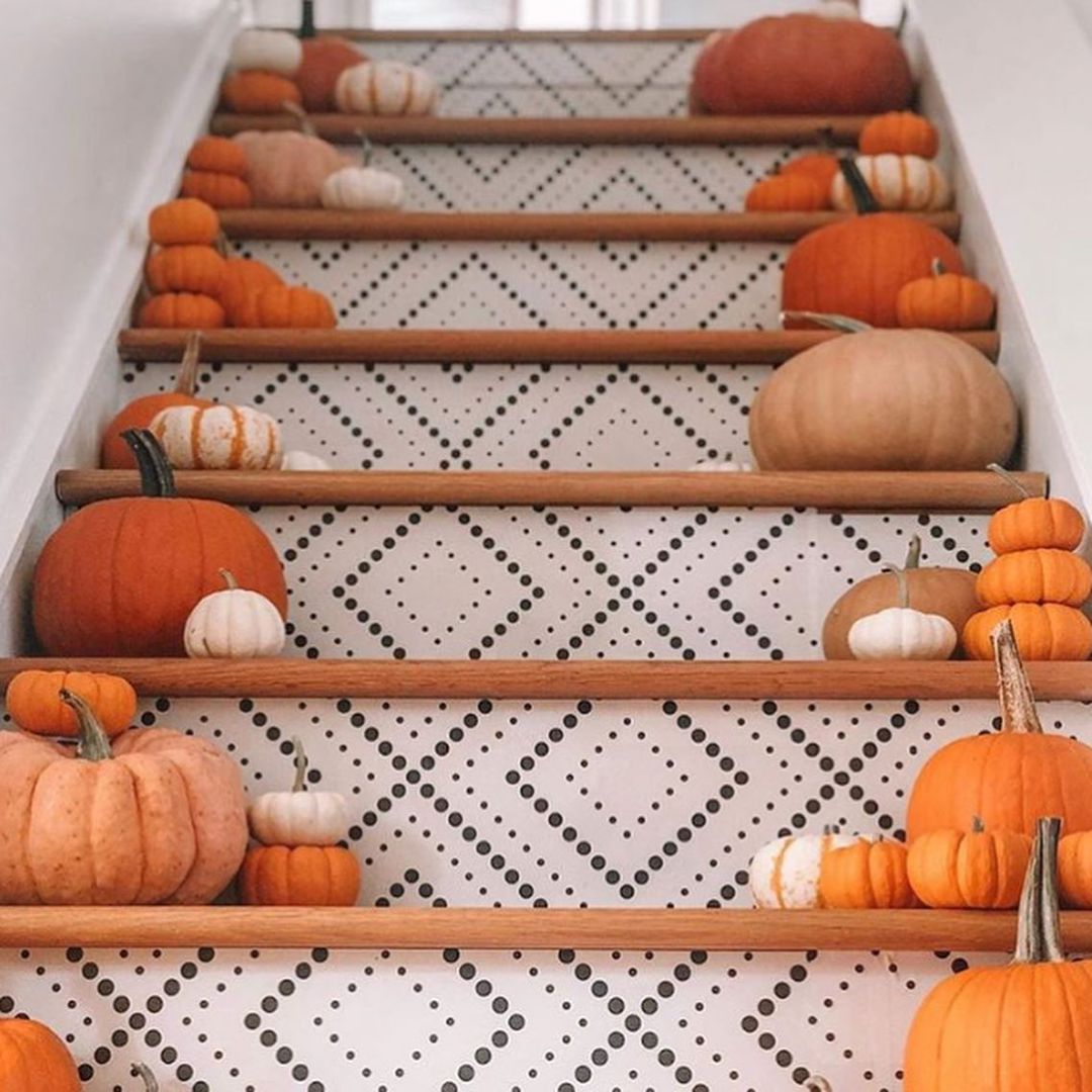 Patterned Staircase with Pumpkin-Filled Steps