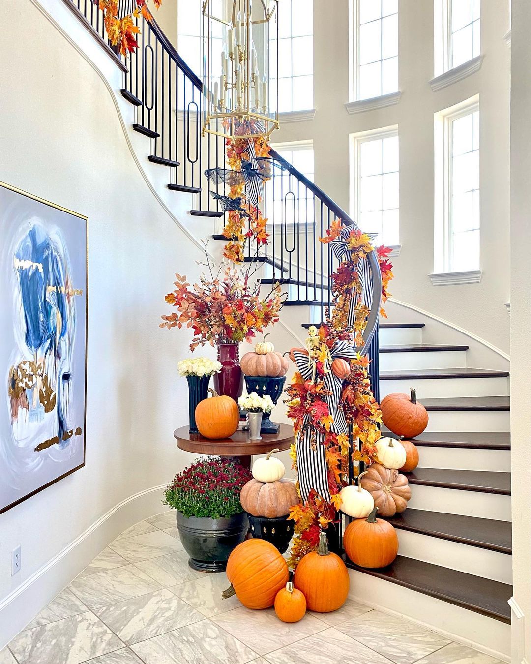 Bold Autumnal Entrance with Pumpkin-Filled Staircase