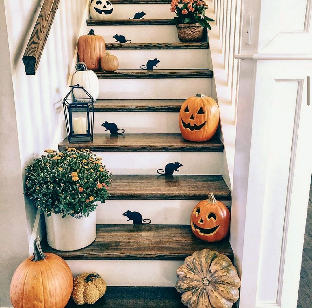 Classic Halloween Staircase with Pumpkins and Creepy Critters