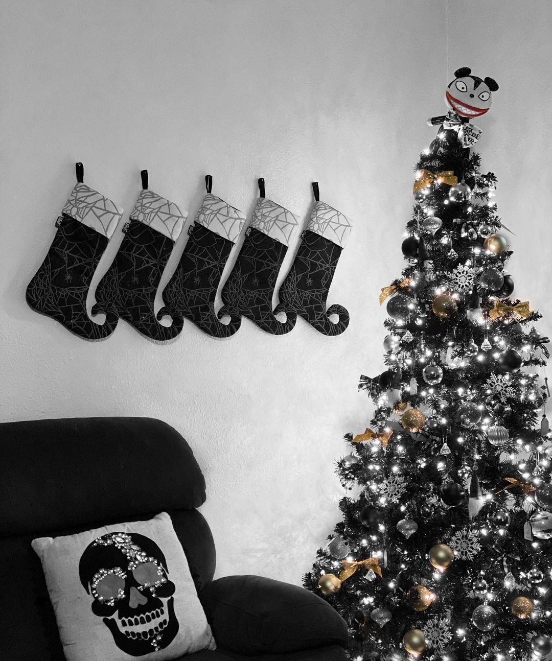 Gothic Christmas Corner with Dark Stockings and Black Tree