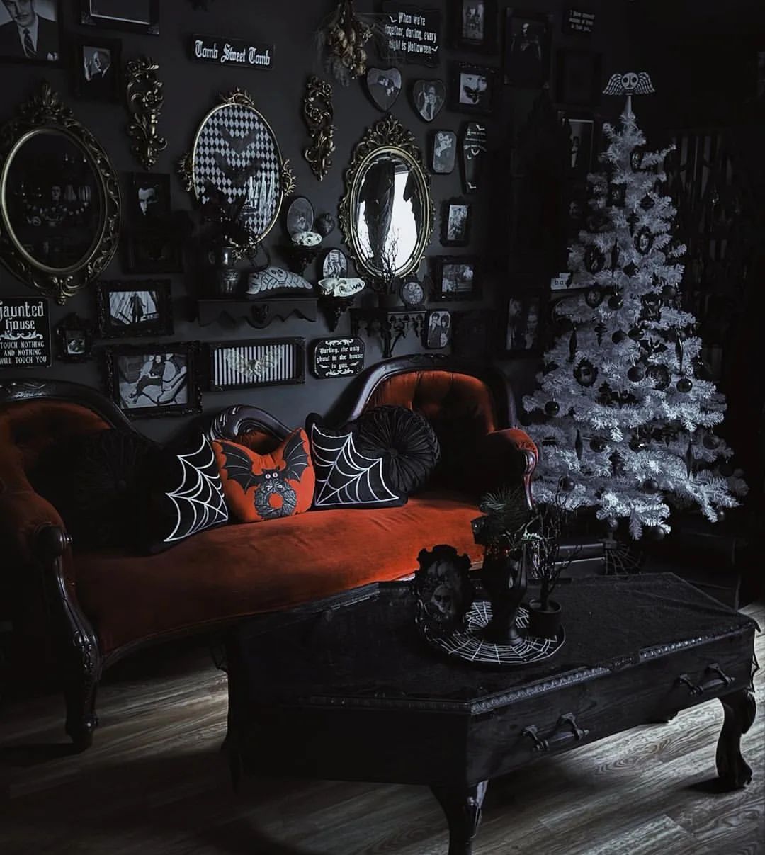 Gothic Living Room with Vintage Vibes and White Christmas Tree