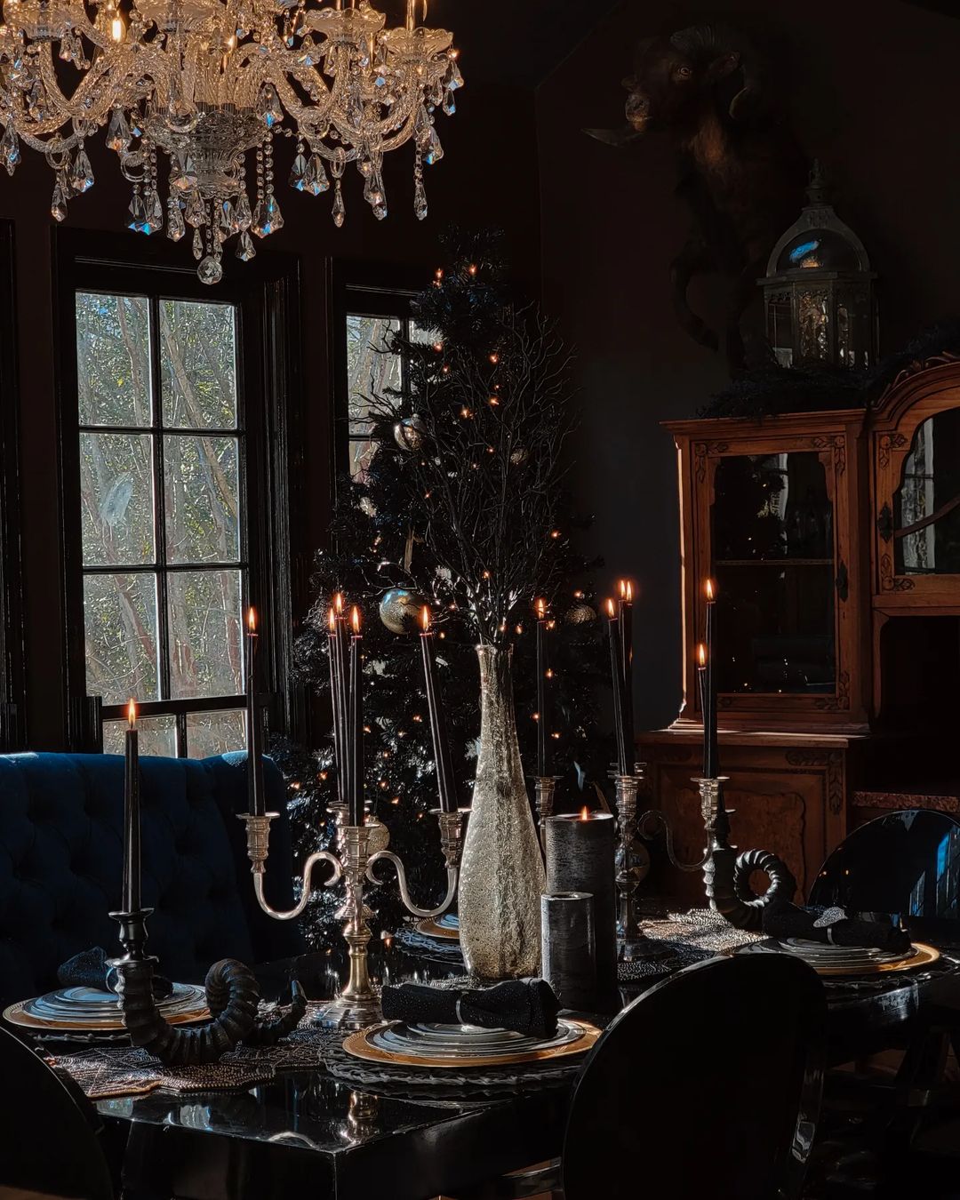 Elegant Gothic Dining Room with Dramatic Lighting