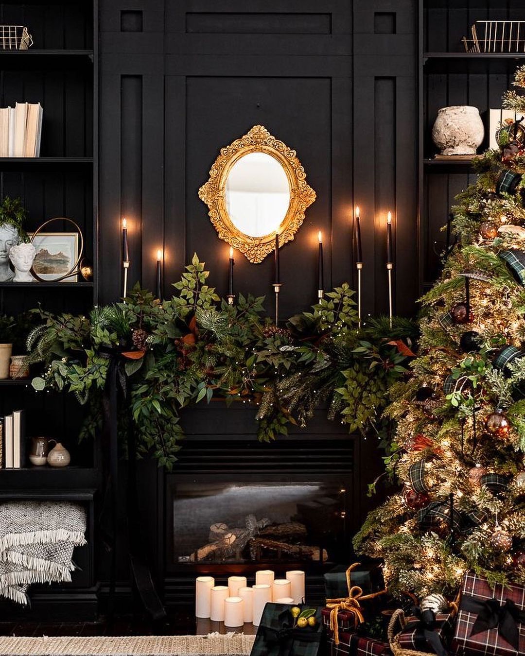 Luxe Holiday Mantel with Gold Accents and Dark Elegance