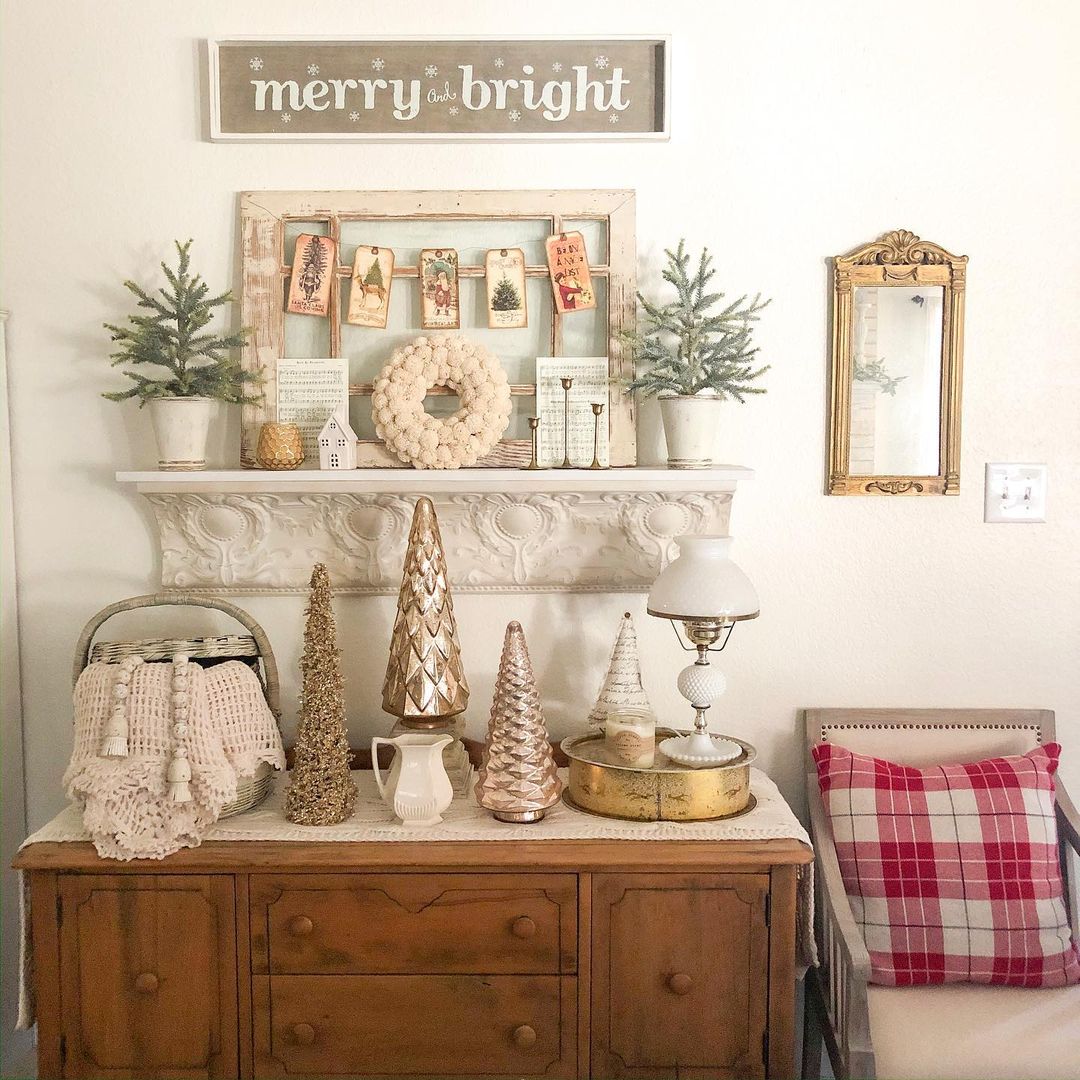 Create a Rustic Christmas Display with Vintage-Inspired White and Gold Decor