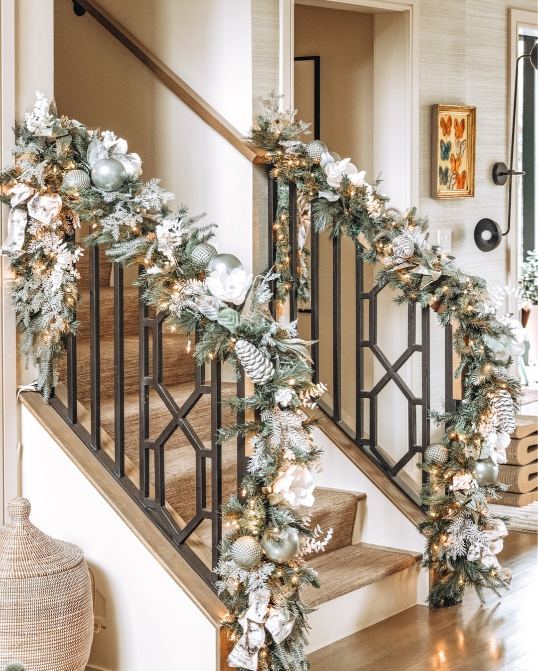 Enhance Your Staircase with Elegant White and Gold Christmas Garland