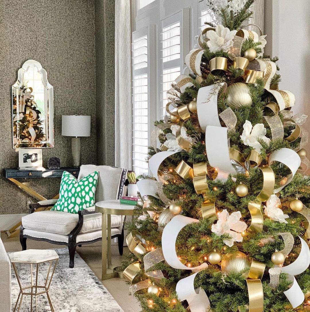 Add a Bold Statement with Layered White and Gold Christmas Tree Ribbons