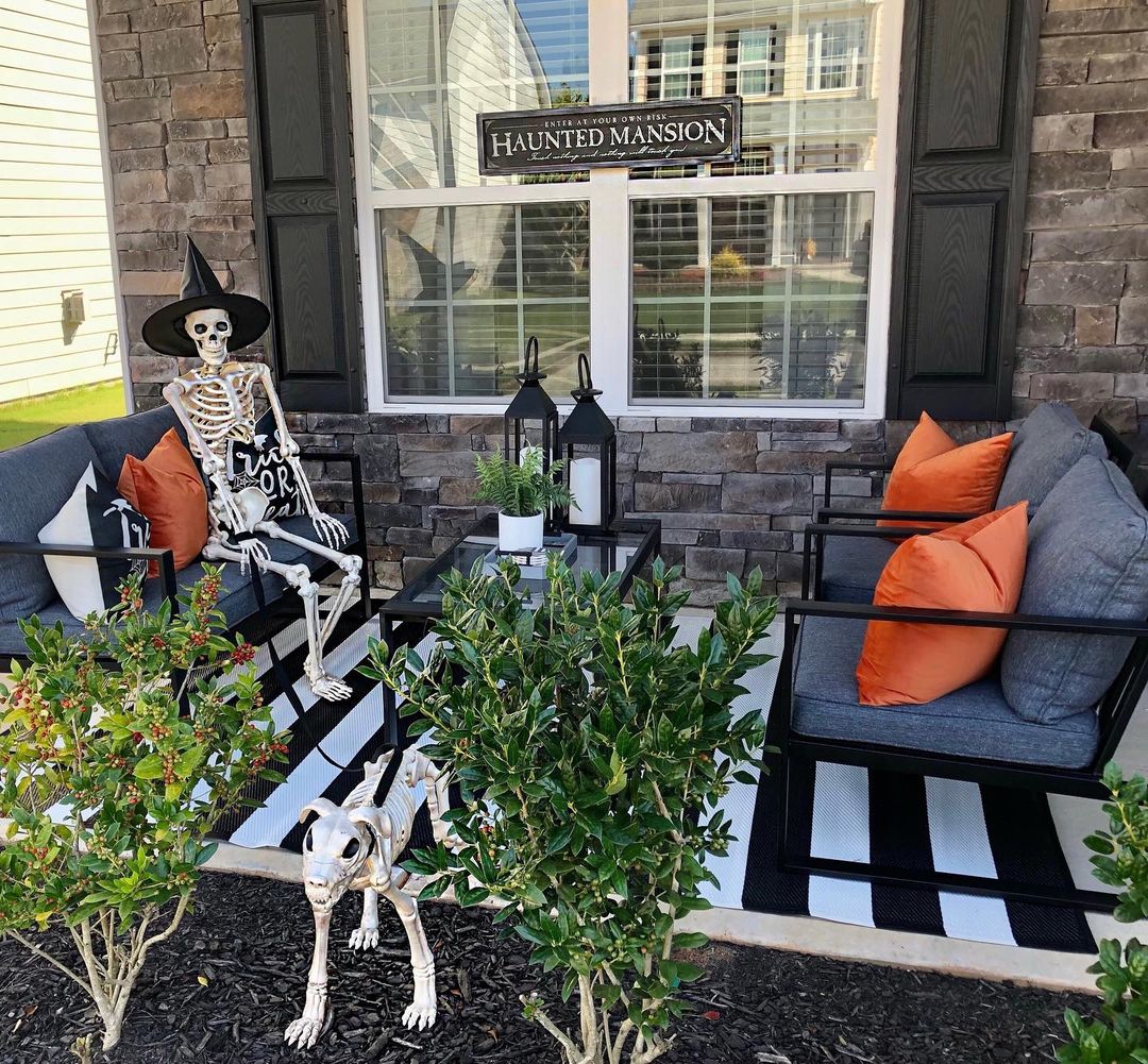 Haunted Porch Vibes with a Witchy Skeleton and Companion