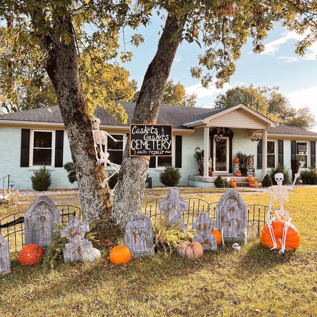 Creepy Cemetery Yard with Skeletons and Tombstones