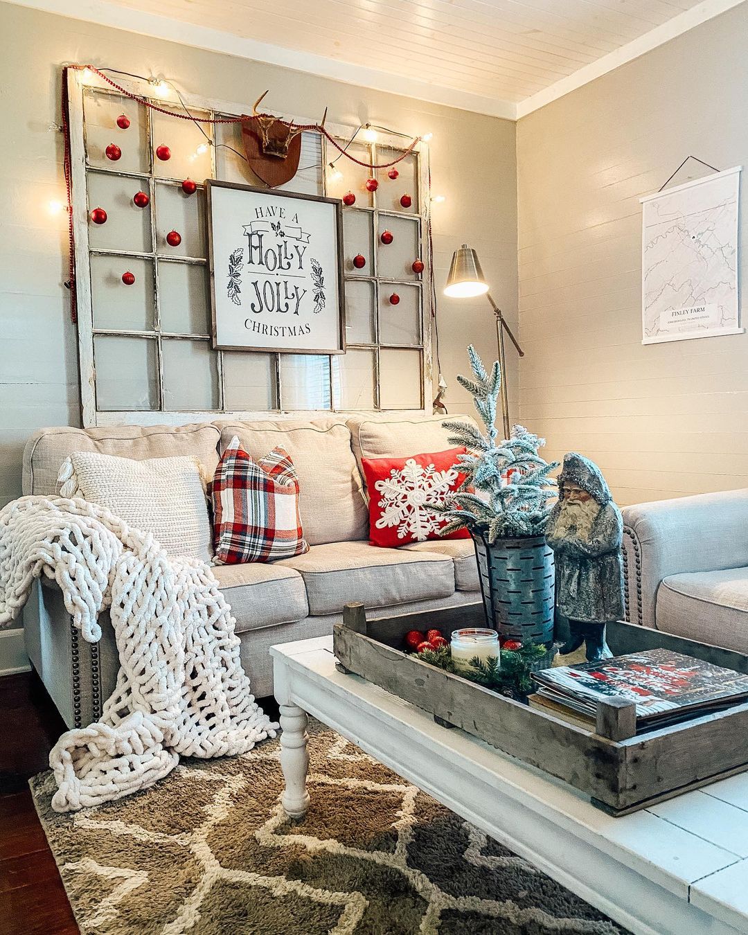 Rustic Christmas Couch with Festive Plaid Accents