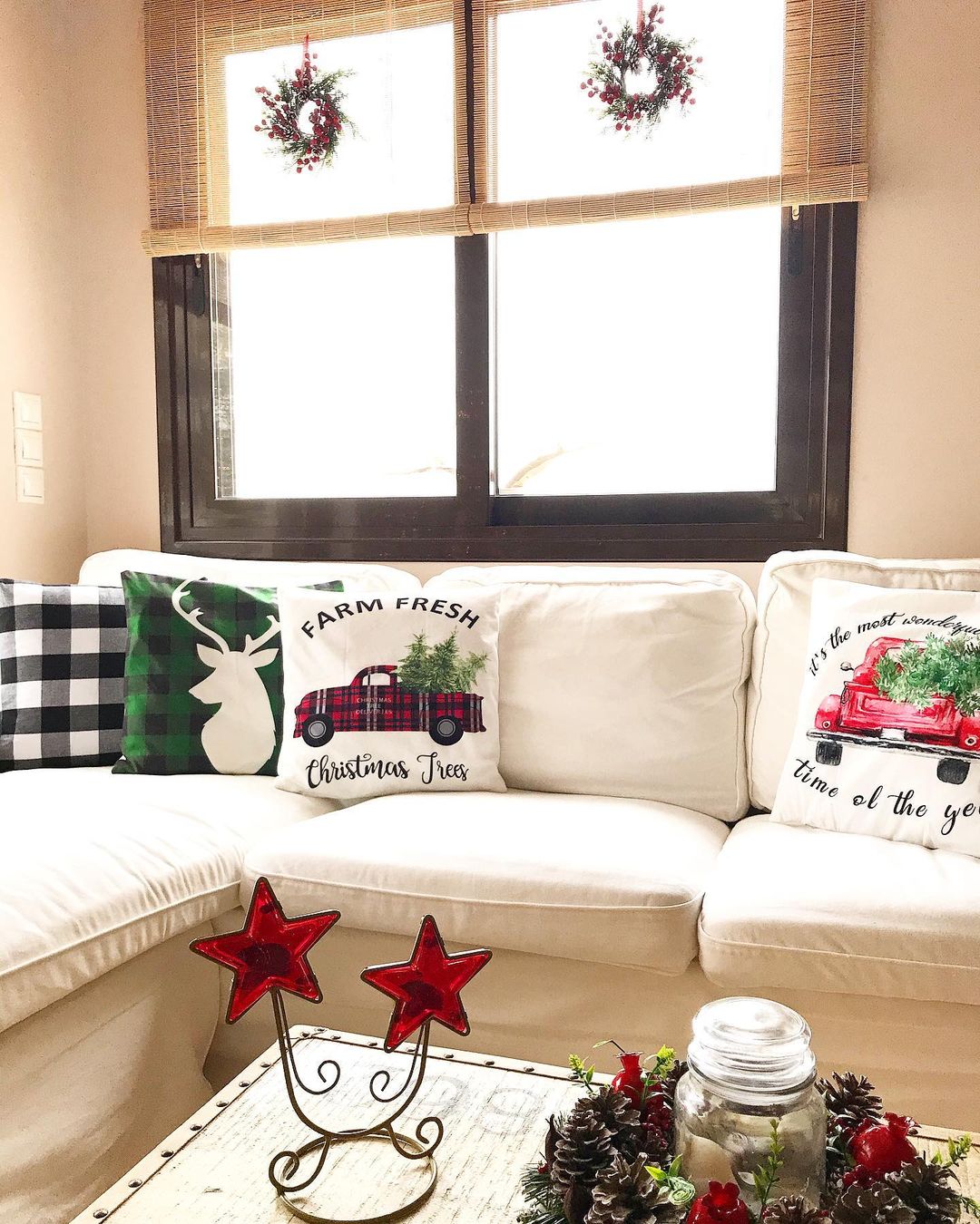 Charming Farmhouse Christmas Couch with Festive Pillows