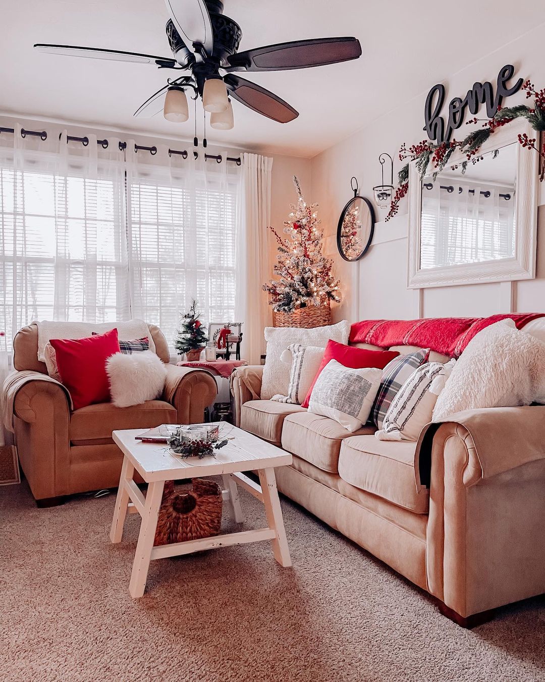 21. Cozy Christmas Living Room with Warm Red Accents