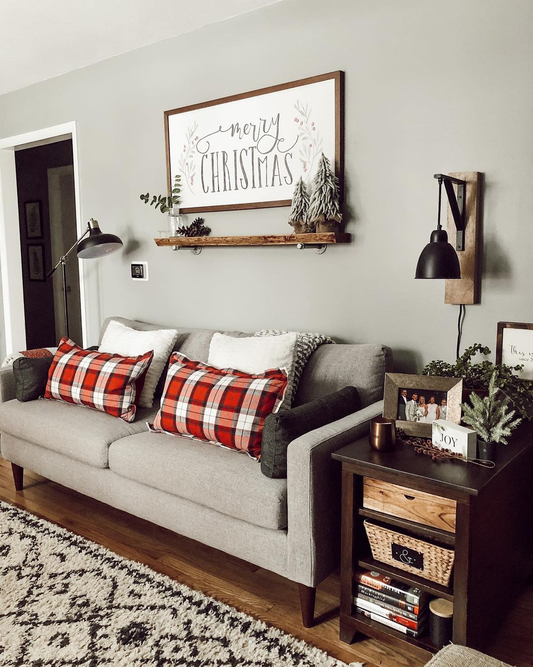 Classic Christmas Couch with Plaid Pillows and Rustic Accents