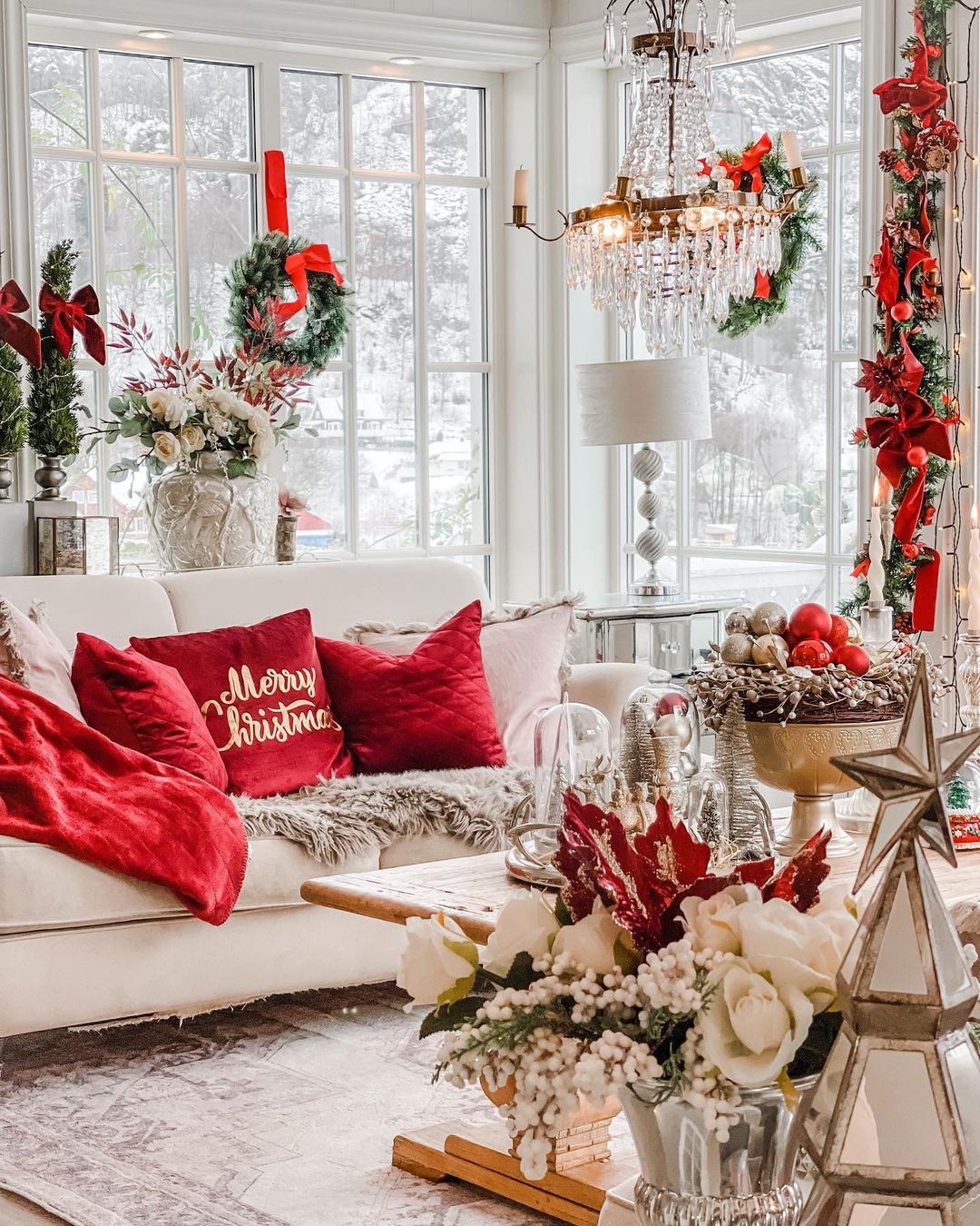 Elegant Red and White Christmas Couch Setup