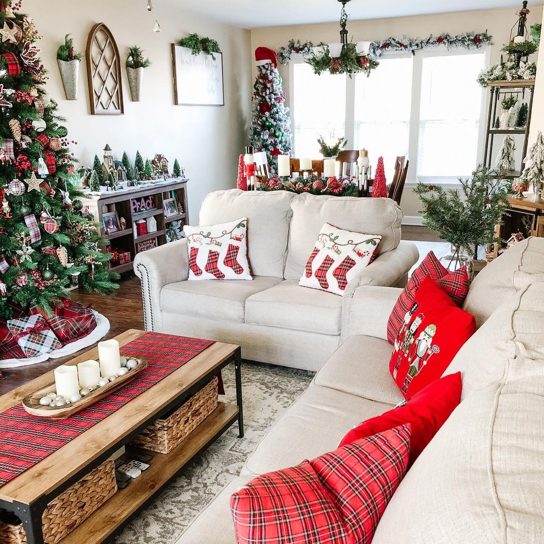 Classic Red Plaid and Stocking Pillow Christmas Couch