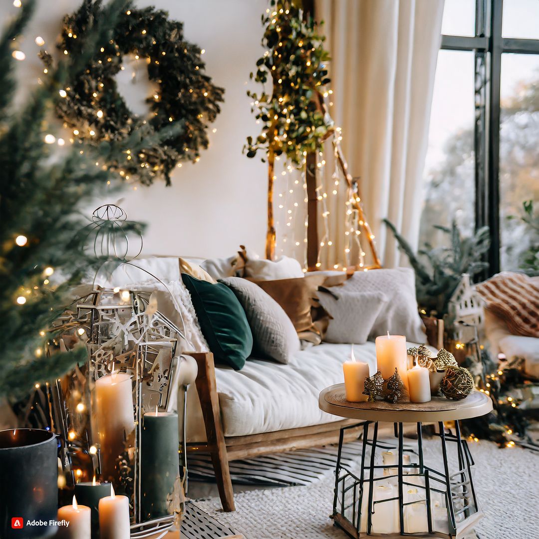 Elegant and Cozy Christmas Couch with Candlelight Ambiance