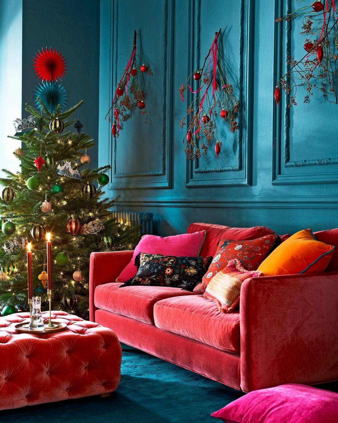 Bold and Vibrant Christmas Couch with Jewel Tones