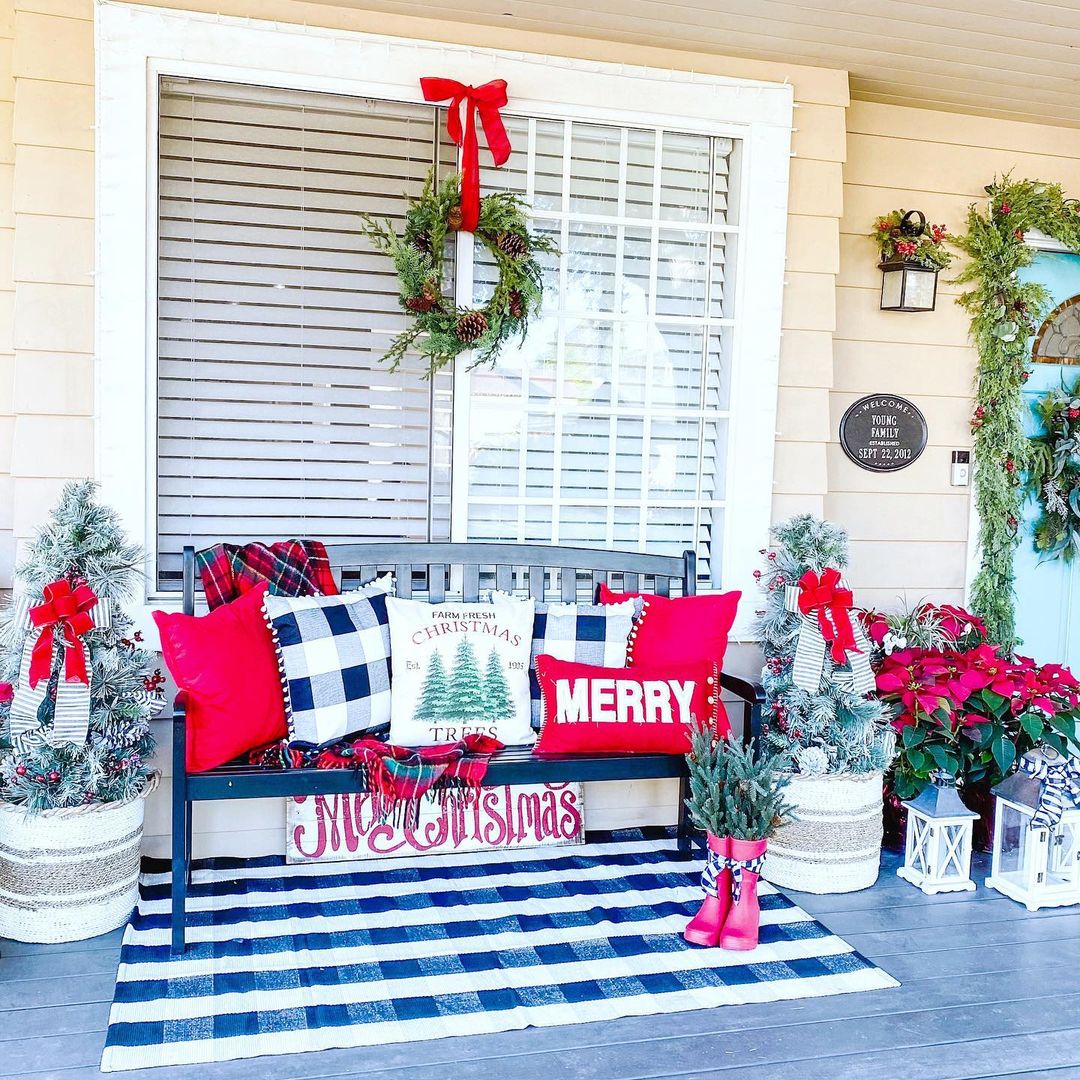 Bright and Cheerful Porch with Plaid Accents and Festive Details