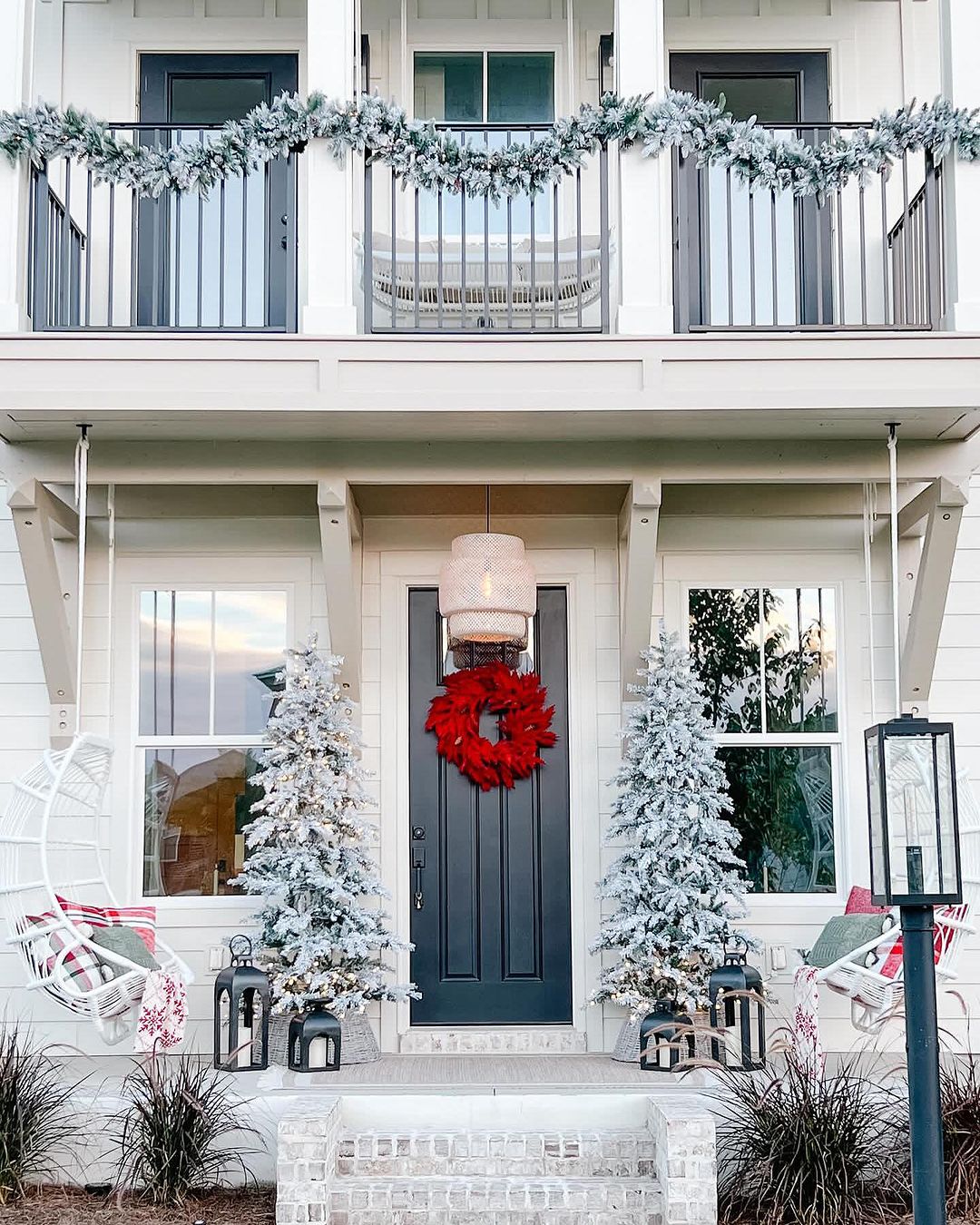 Sleek Frosted Porch with Minimalist Red and White Accents