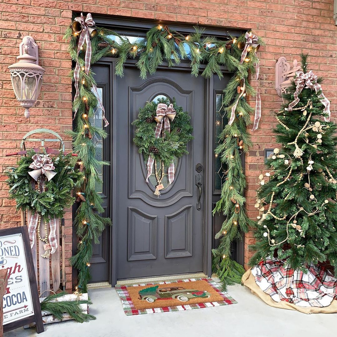 Rustic Charm with Pine Garland and Plaid Bows