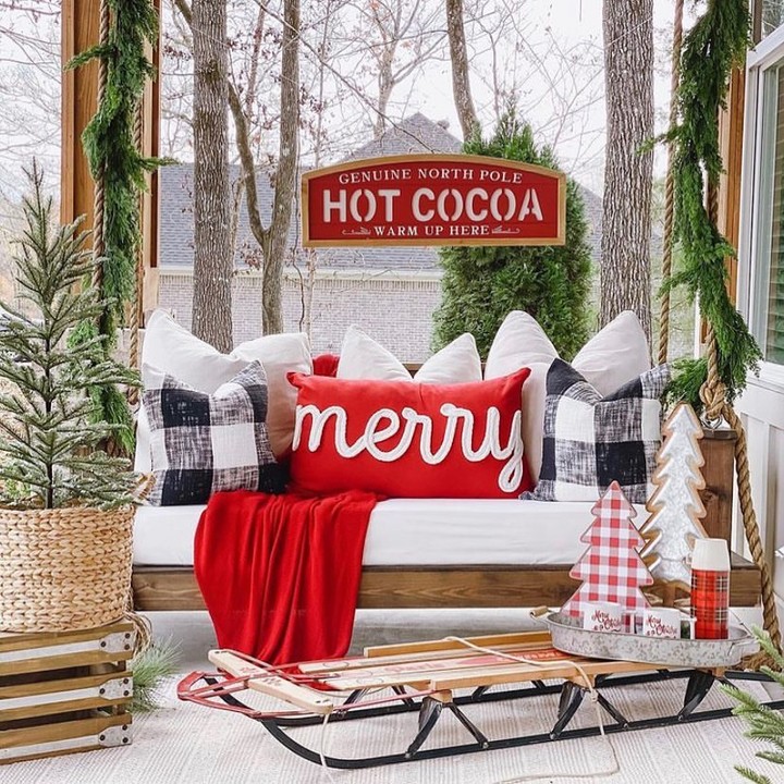 Cozy Christmas Porch with Hot Cocoa Vibes and Plaid Accents