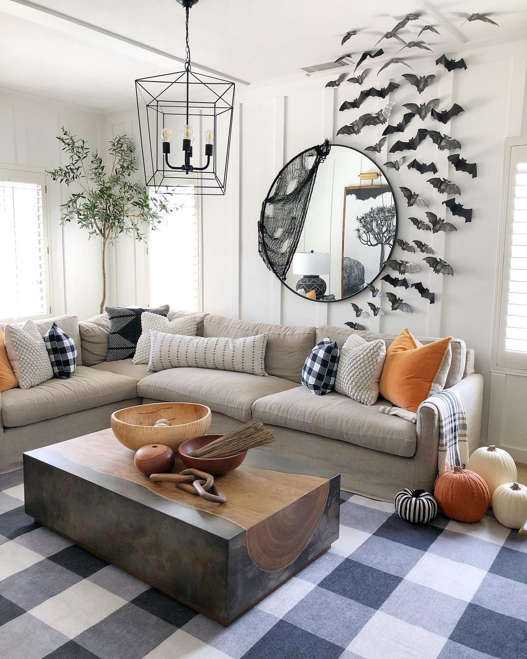 Cozy Living Room with Halloween Bats and Fall Accents