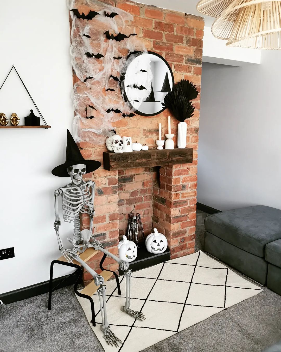 Rustic Halloween Corner with Bats and Skeleton