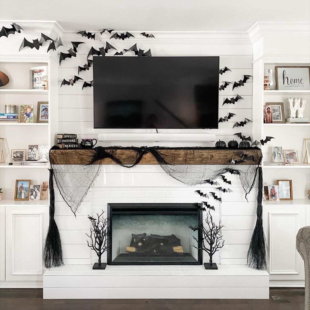 Haunted Mantel with Bats and Gothic Drapes