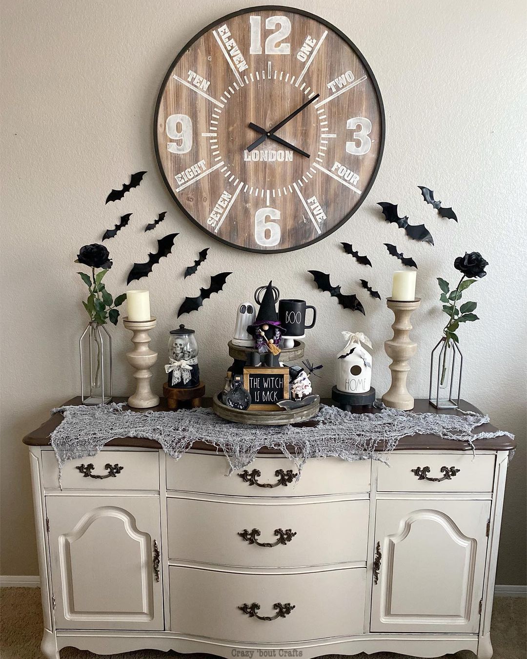 Vintage Halloween Display with Bats and Witchy Accents