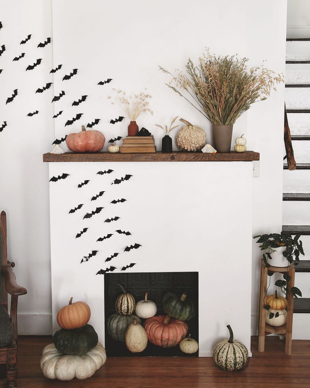 Rustic Halloween Mantel with Bats and Pumpkins