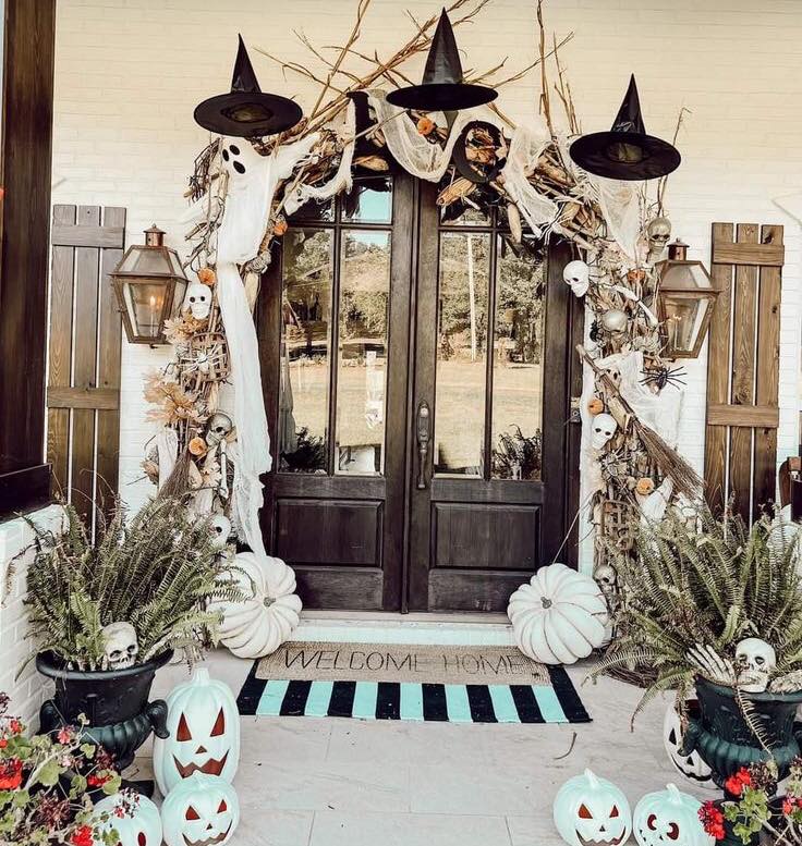 Enchanting Halloween Porch with Witches and Skulls