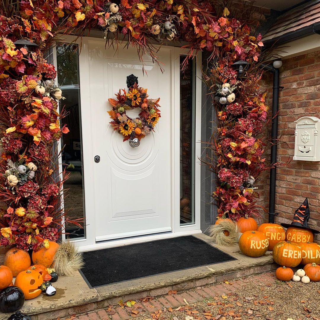 Autumnal Halloween Entrance with Personalized Pumpkins