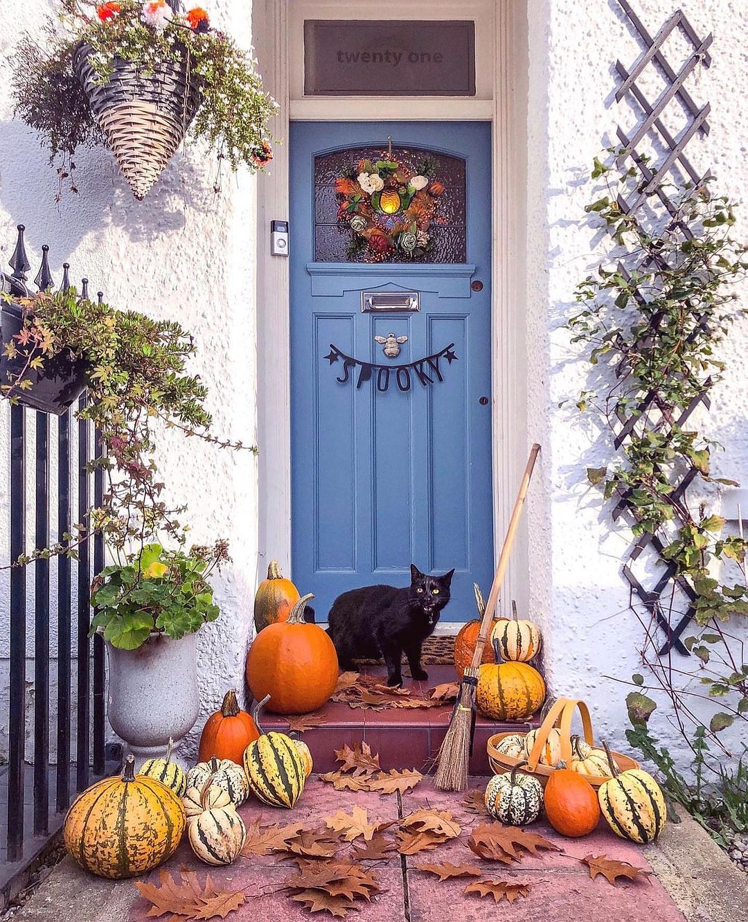 Charming Halloween Porch with Black Cat and Pumpkins