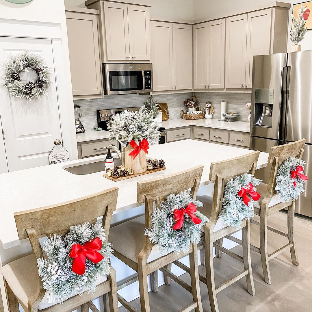 Add Frosted Greenery and Red Accents for a Winter Wonderland Kitchen